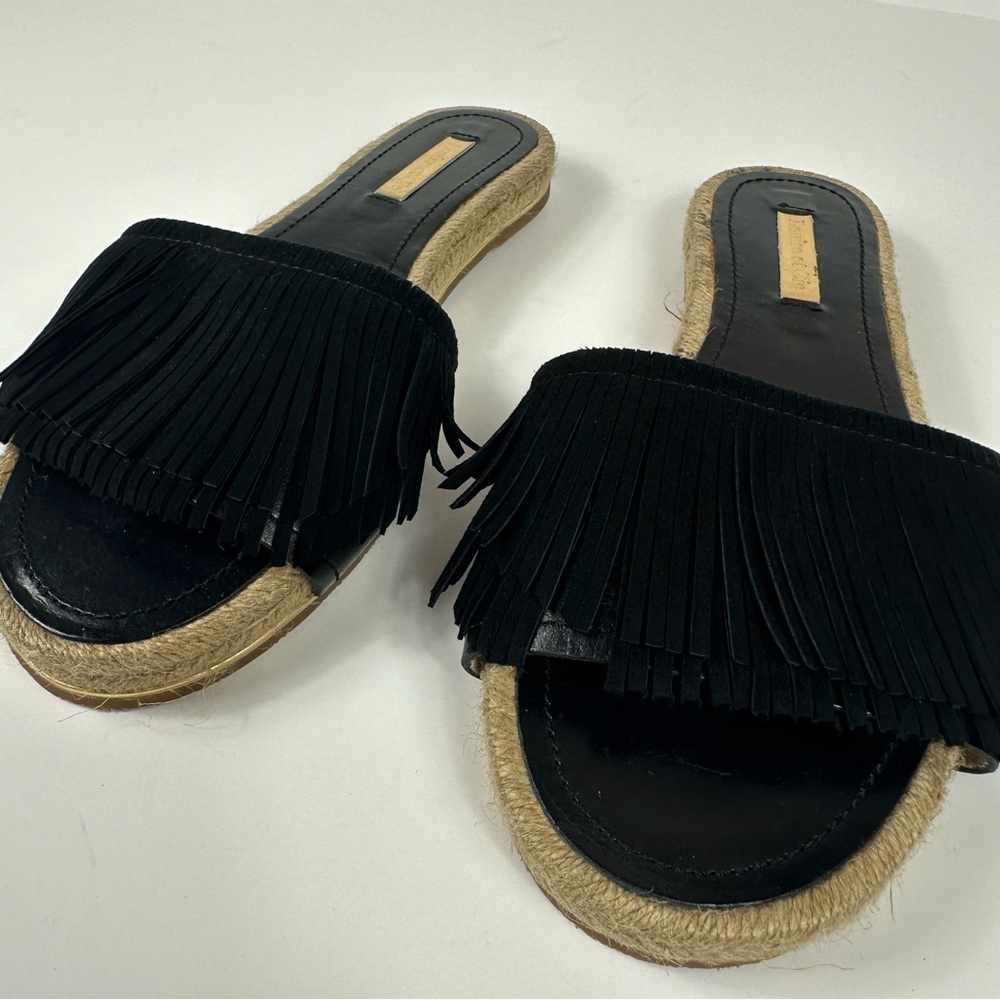 Louise et Cie Caden Fringe Slide Sandals in Black Suede